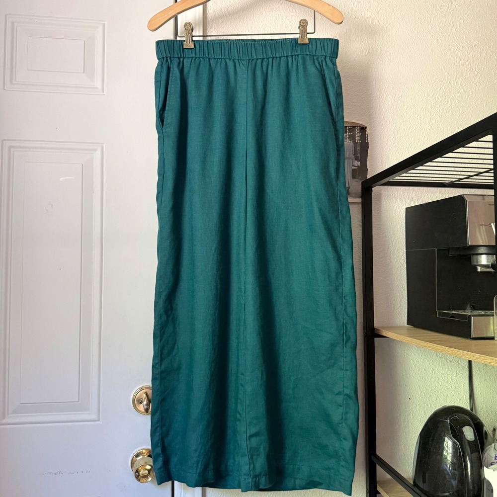 EILEEN FISHER teal green organic linen pull on straight wide leg cropped pants